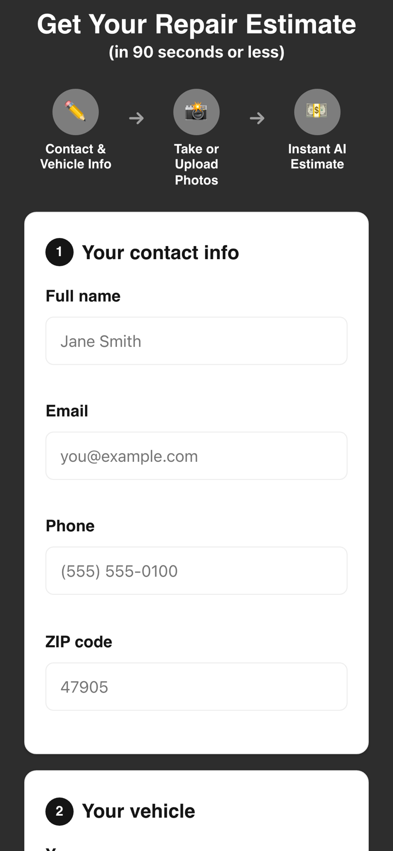 Step one: estimate tool start screen on the shop's website with contact and vehicle fields