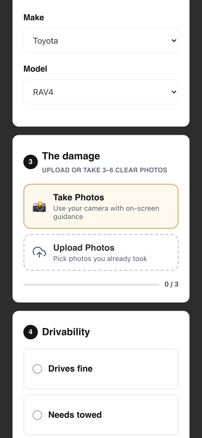 Step two: guided damage photo capture with take or upload options