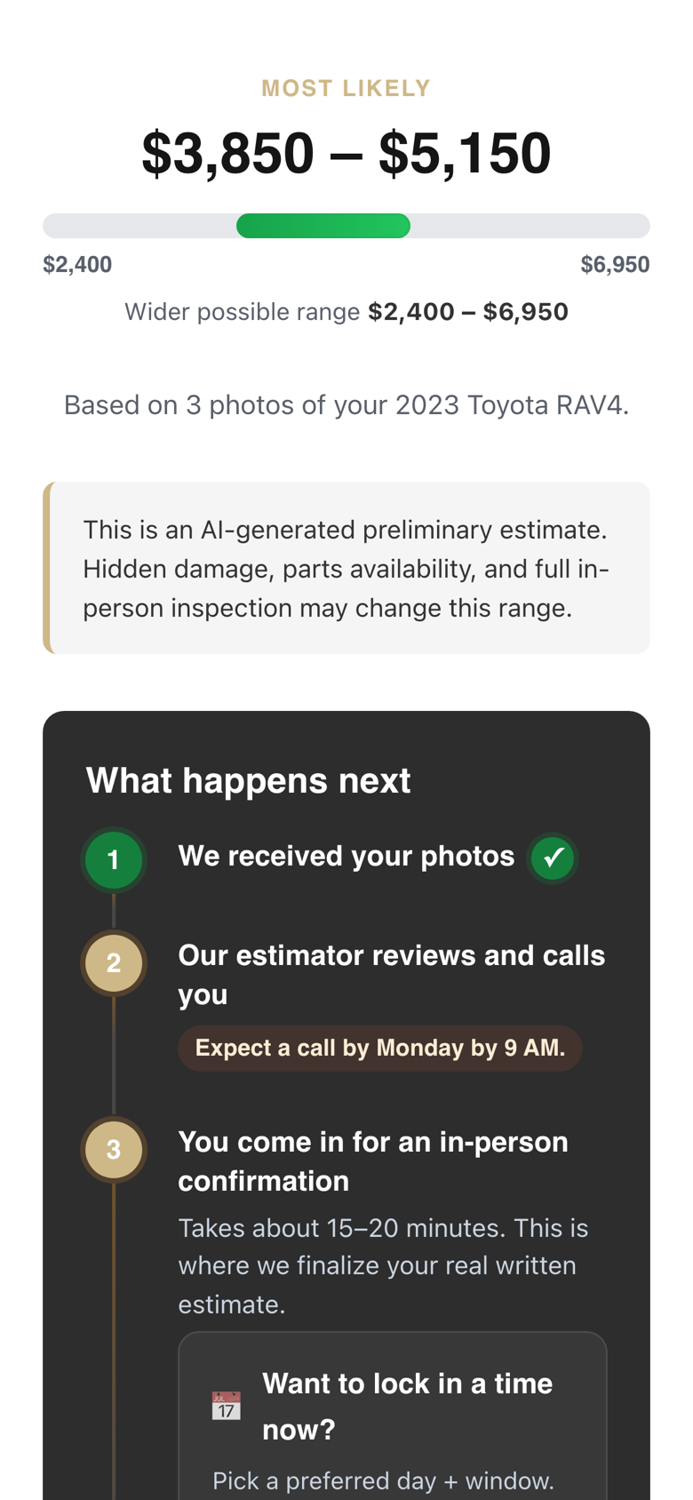 WreckedLeads estimate result screen showing a most-likely repair range of $3,850 to $5,150 for a 2023 Toyota RAV4, with next steps from the shop